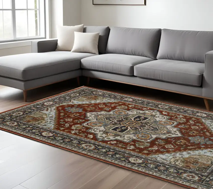 Blue and Beige Oriental Power Loom Area Rug With Fringe Photo 1