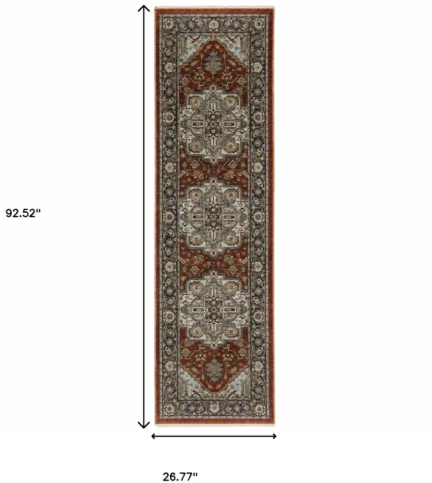 Blue Beige Grey Gold Green And Rust Red Oriental Power Loom Stain Resistant Runner Rug With Fringe Photo 10