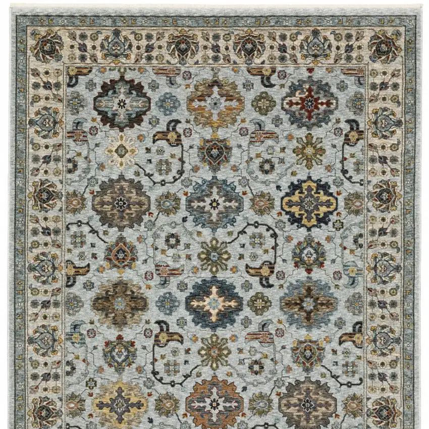 Blue Beige Grey Green Yellow And Rust Oriental Power Loom Stain Resistant Area Rug With Fringe Photo 6
