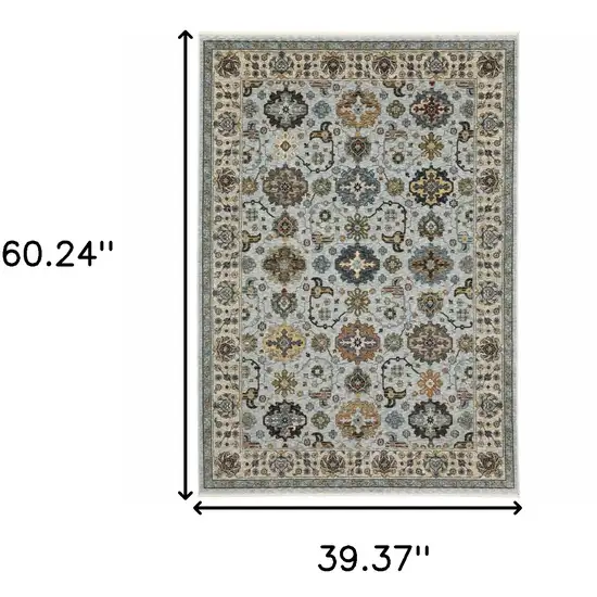Blue Beige Grey Green Yellow And Rust Oriental Power Loom Stain Resistant Area Rug With Fringe Photo 3