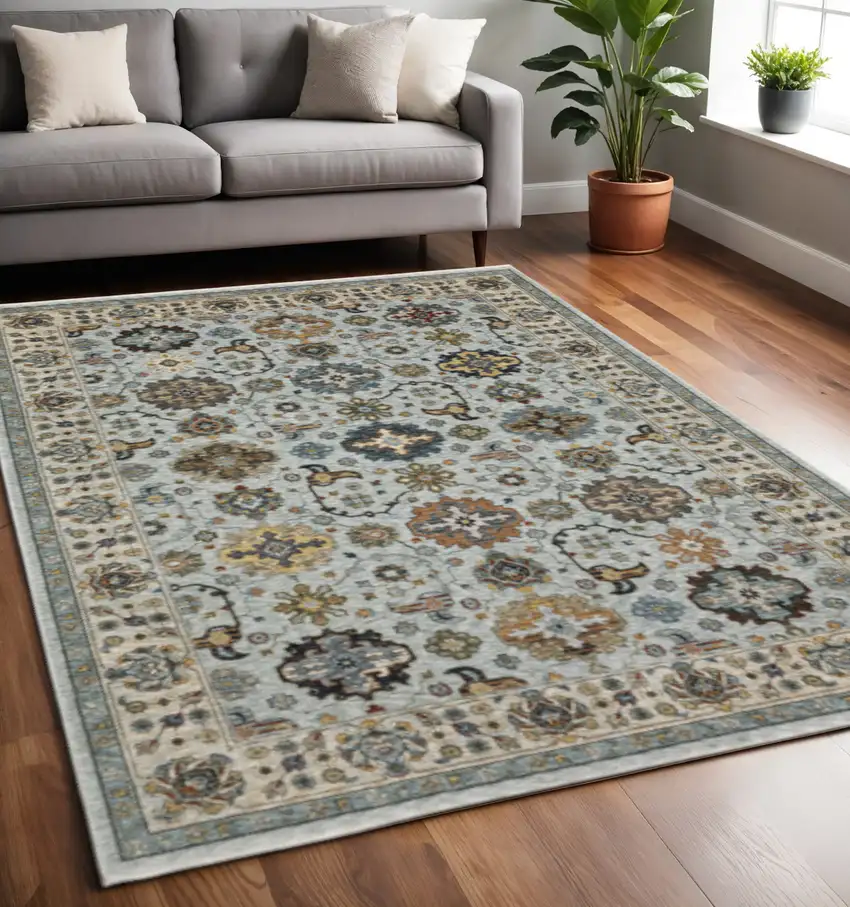 Blue Beige Grey Green Yellow And Rust Oriental Power Loom Stain Resistant Area Rug With Fringe Photo 1