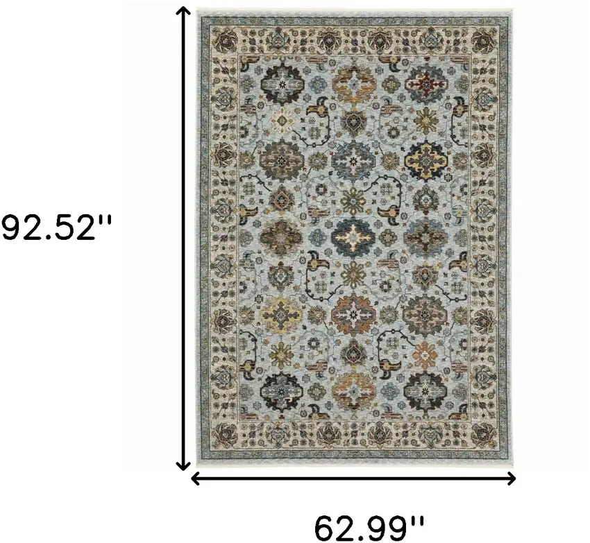 Blue Beige Grey Green Yellow And Rust Oriental Power Loom Stain Resistant Area Rug With Fringe Photo 3