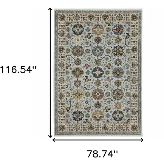 Blue and Beige Oriental Power Loom Area Rug With Fringe Photo 3