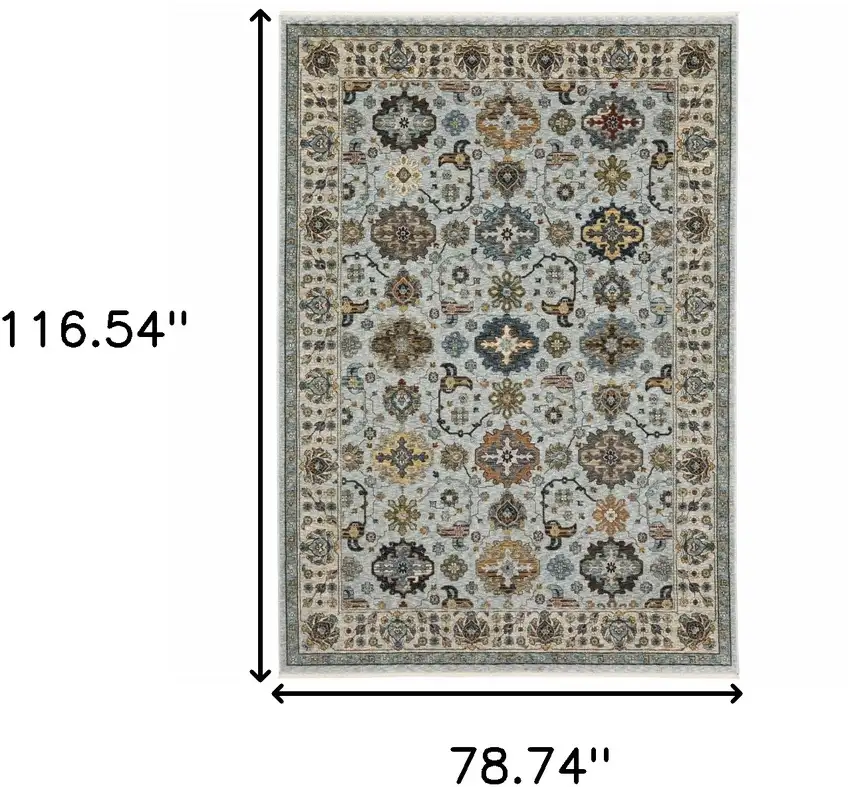 Blue and Beige Oriental Power Loom Area Rug With Fringe Photo 3