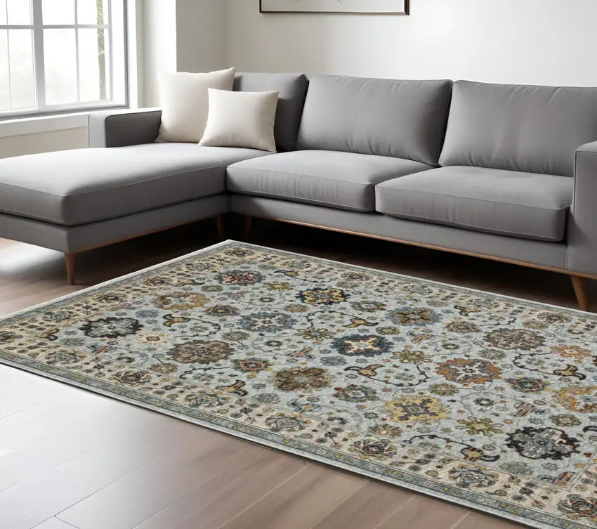 Blue and Beige Oriental Power Loom Area Rug With Fringe Photo 1