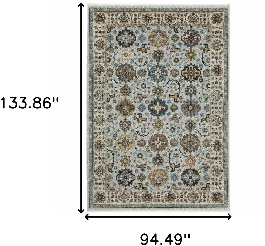 Blue and Beige Oriental Power Loom Area Rug With Fringe Photo 3