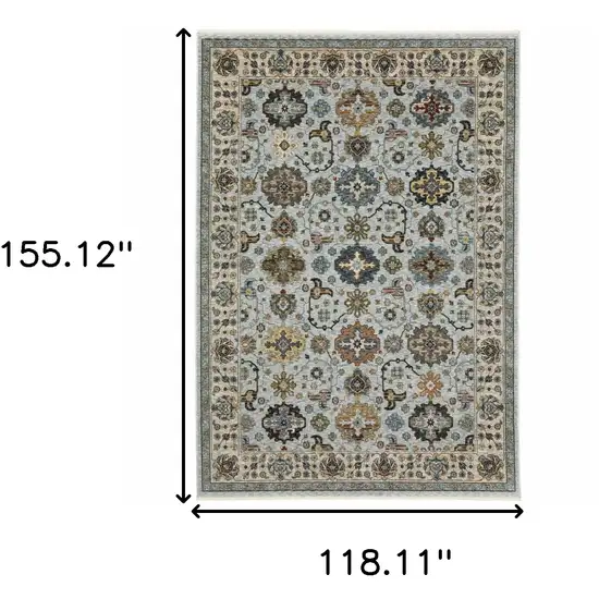 Blue Beige Grey Green Yellow And Rust Oriental Power Loom Stain Resistant Area Rug With Fringe Photo 3