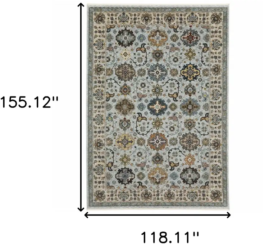 Blue Beige Grey Green Yellow And Rust Oriental Power Loom Stain Resistant Area Rug With Fringe Photo 3