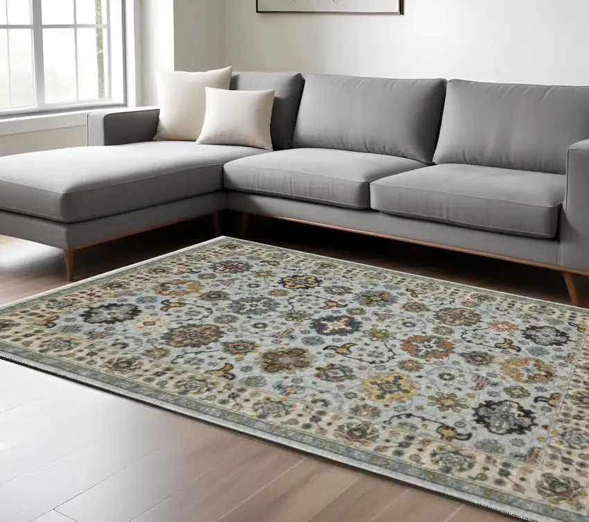 Blue Beige Grey Green Yellow And Rust Oriental Power Loom Stain Resistant Area Rug With Fringe Photo 1