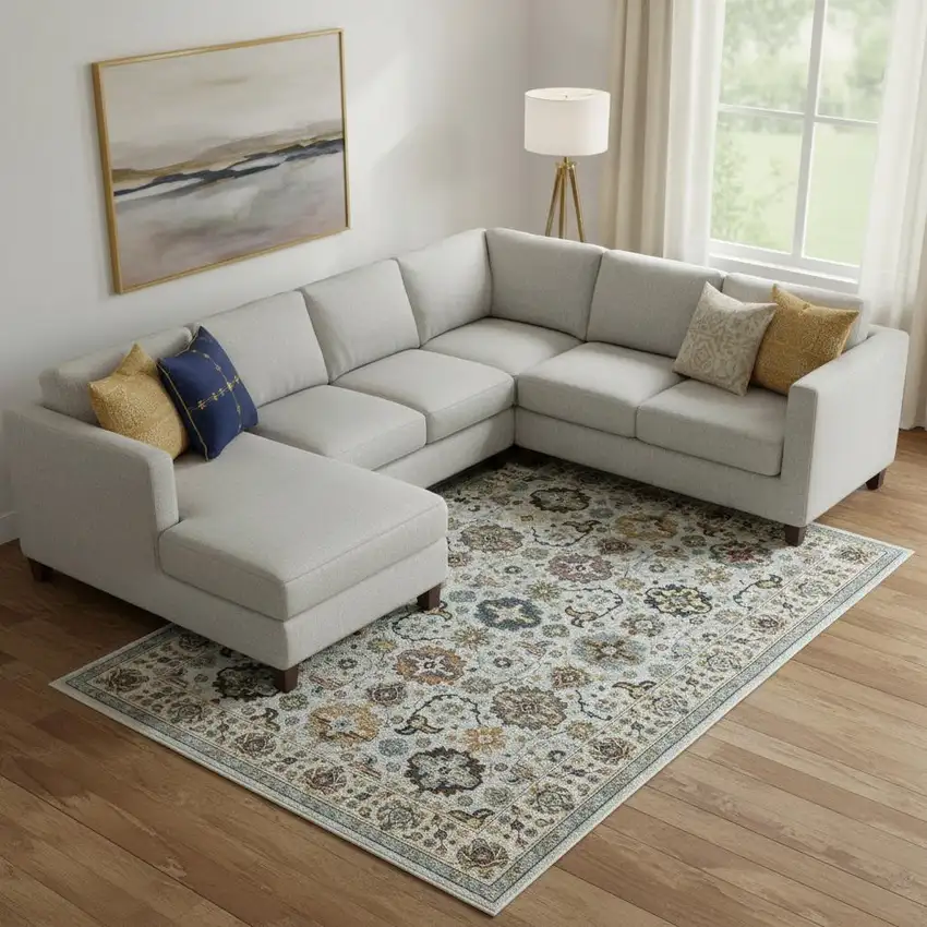 Blue Beige Grey Green Yellow And Rust Oriental Power Loom Stain Resistant Area Rug With Fringe Photo 1