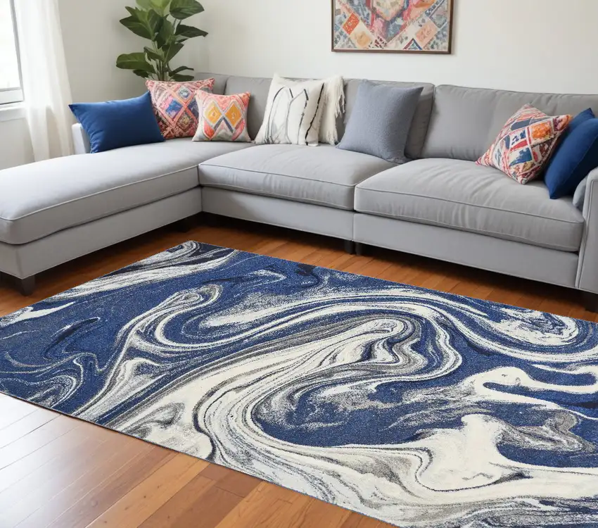 Blue Beige Machine Woven Marble Indoor Area Rug Photo 1