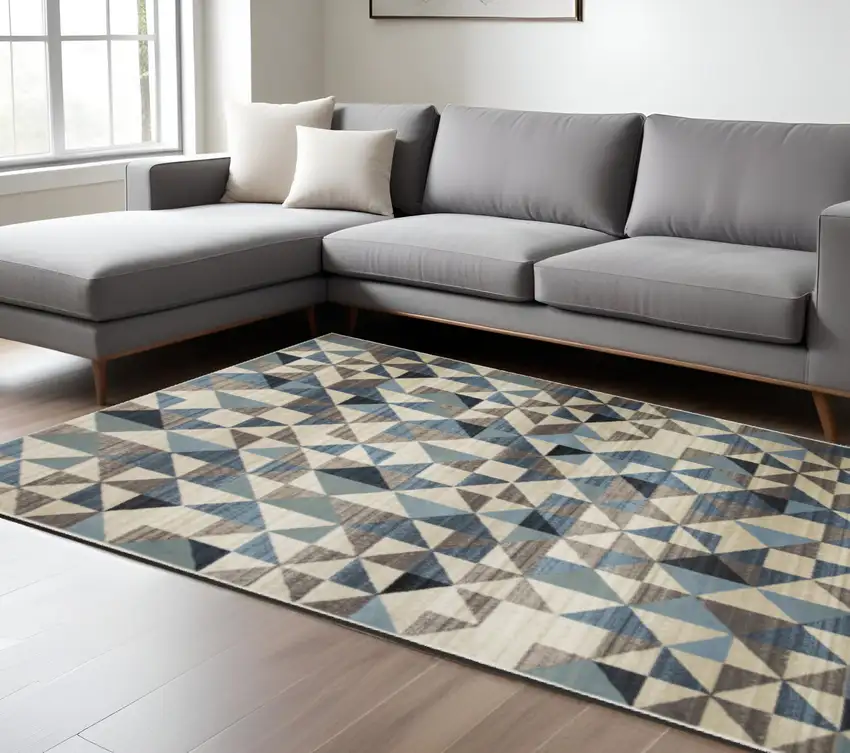 Beige Blue And Gray Geometric Area Rug Photo 1