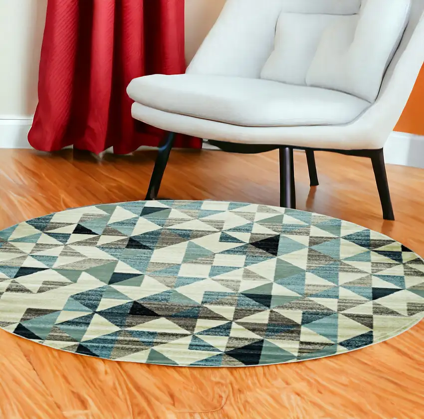 8' Blue Round Geometric Dhurrie Area Rug Photo 1