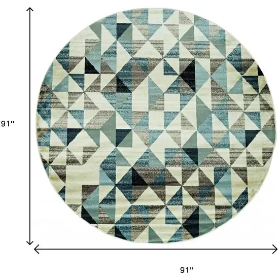 8' Beige Blue And Gray Geometric Round Rug Photo 3