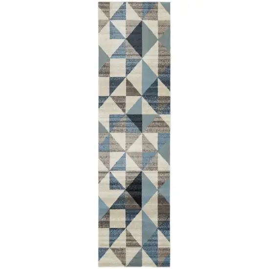 8' Beige Blue And Gray Geometric Runner Rug Photo 2