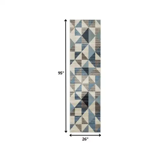 8' Beige Blue And Gray Geometric Runner Rug Photo 4