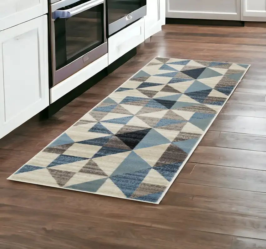 8' Blue Geometric Dhurrie Runner Rug Photo 1