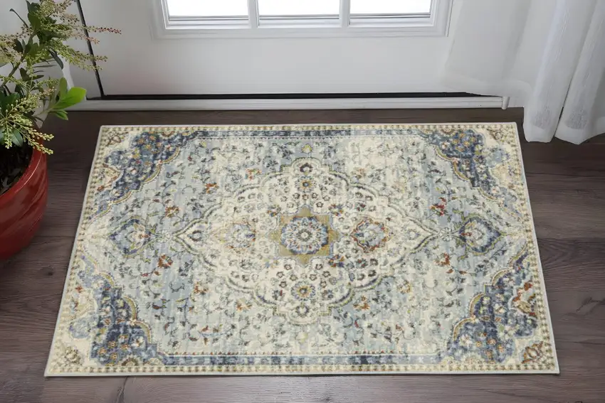 Blue Beige Rust Gold And Teal Oriental Power Loom Stain Resistant Area Rug Photo 2