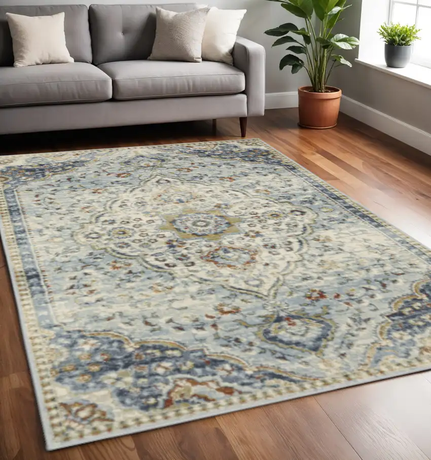 Blue Beige Rust Gold And Teal Oriental Power Loom Stain Resistant Area Rug Photo 2