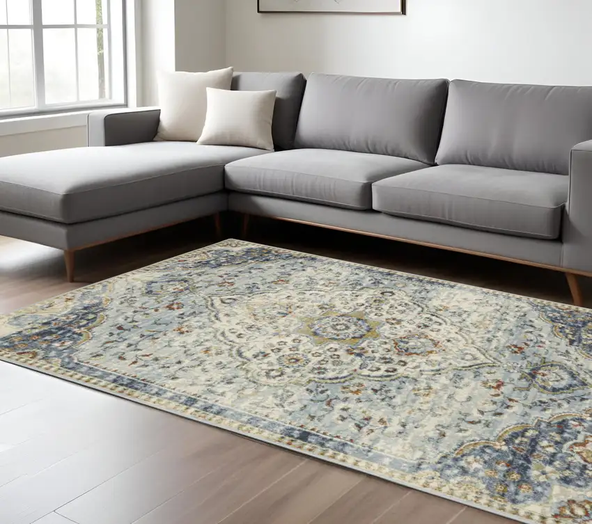 Blue And Beige Oriental Distressed Area Rug Photo 1