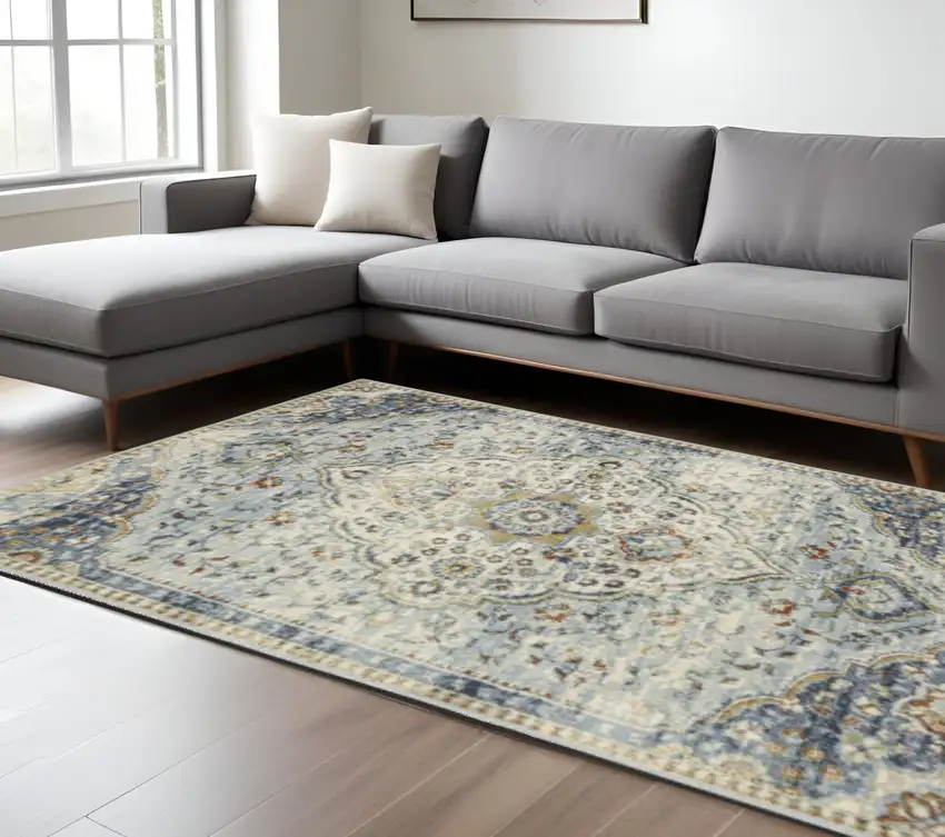 Blue Beige Rust Gold And Teal Oriental Power Loom Stain Resistant Area Rug Photo 2