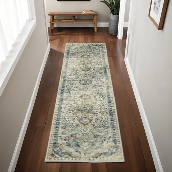 2' X 8' Blue Beige Rust Gold And Teal Oriental Power Loom Stain Resistant Runner Rug Photo 1