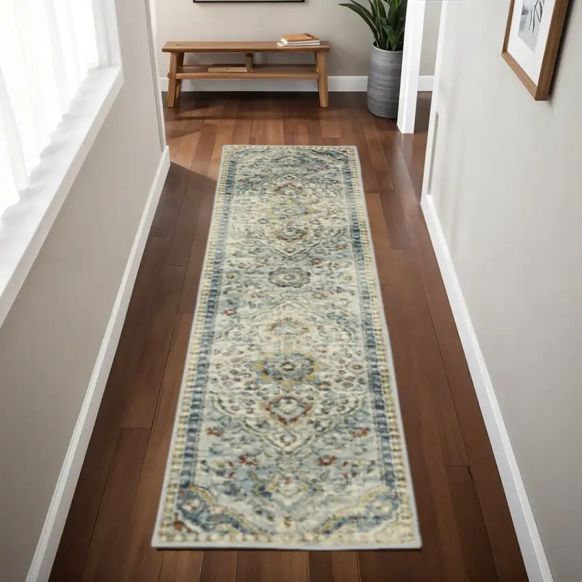 2' X 8' Blue Beige Rust Gold And Teal Oriental Power Loom Stain Resistant Runner Rug Photo 1