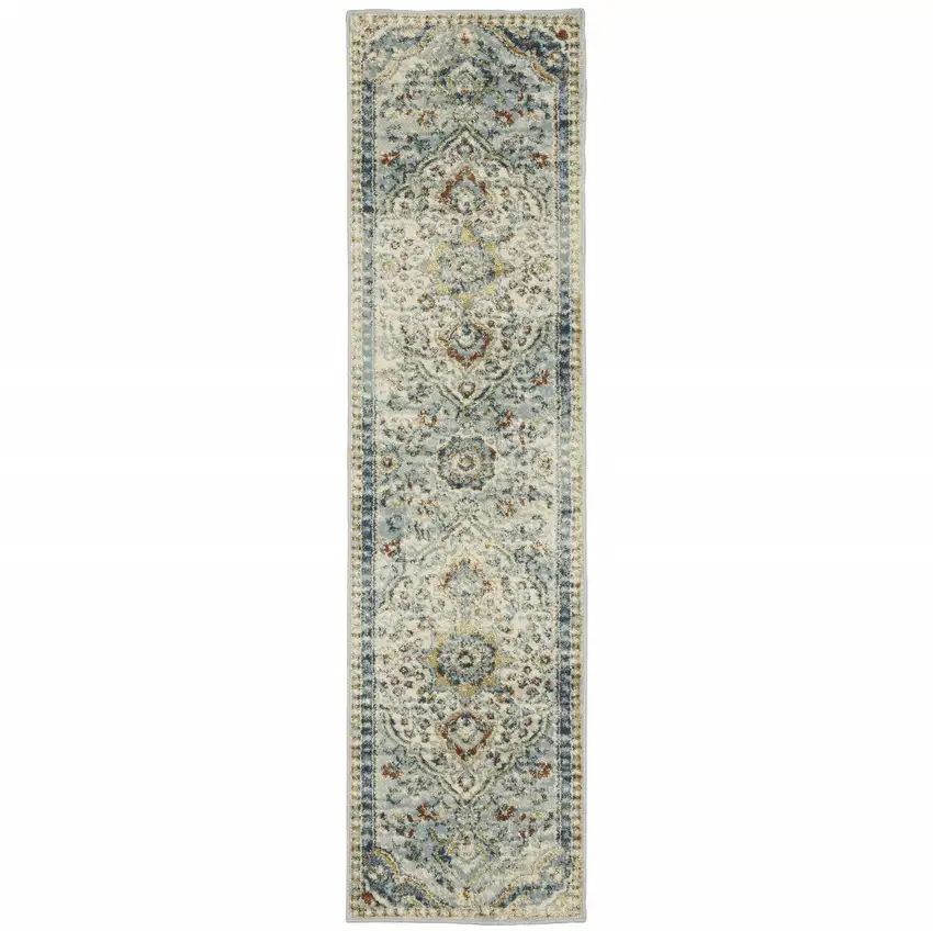 Blue Beige Rust Gold And Teal Oriental Power Loom Stain Resistant Runner Rug Photo 1
