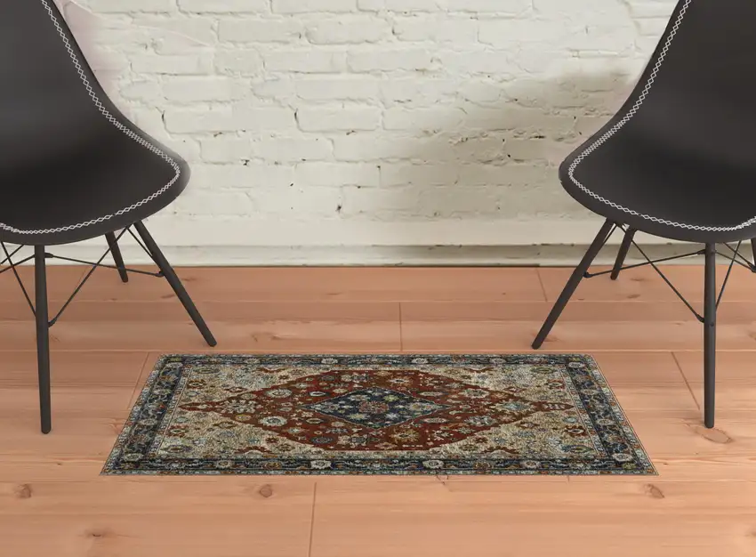 Blue Beige Tan Brown Gold And Rust Red Oriental Power Loom Stain Resistant Area Rug With Fringe Photo 3