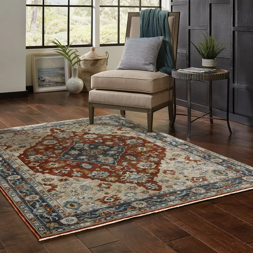 Blue Beige Tan Brown Gold And Rust Red Oriental Power Loom Stain Resistant Area Rug With Fringe Photo 8