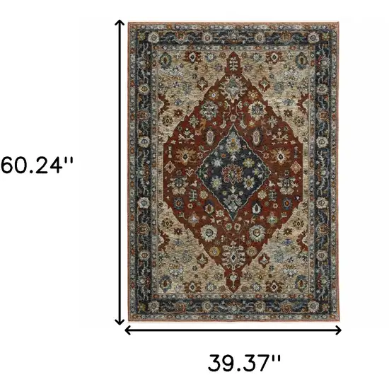 Blue Beige Tan Brown Gold And Rust Red Oriental Power Loom Stain Resistant Area Rug With Fringe Photo 3