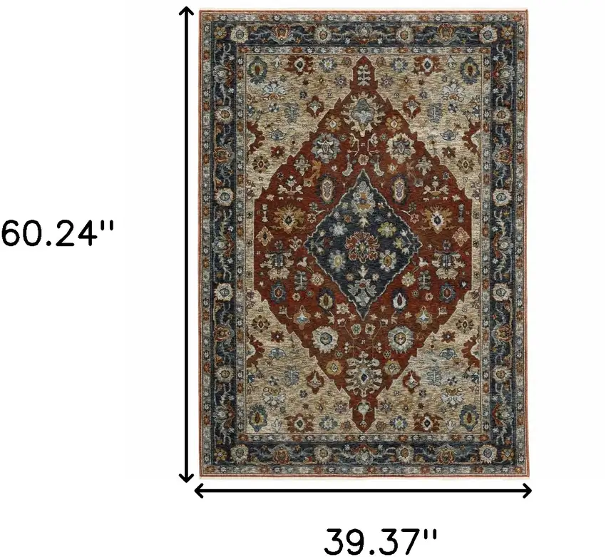 Blue Beige Tan Brown Gold And Rust Red Oriental Power Loom Stain Resistant Area Rug With Fringe Photo 3