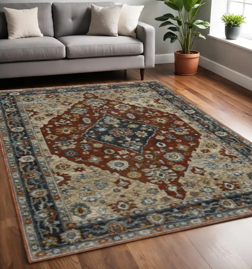 Blue Beige Tan Brown Gold And Rust Red Oriental Power Loom Stain Resistant Area Rug With Fringe Photo 1