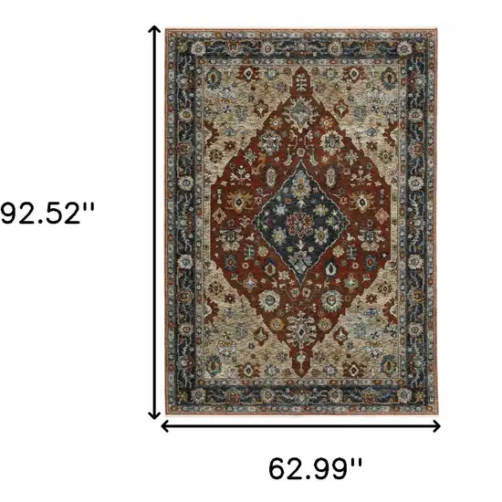 Blue Beige Tan Brown Gold And Rust Red Oriental Power Loom Stain Resistant Area Rug With Fringe Photo 3