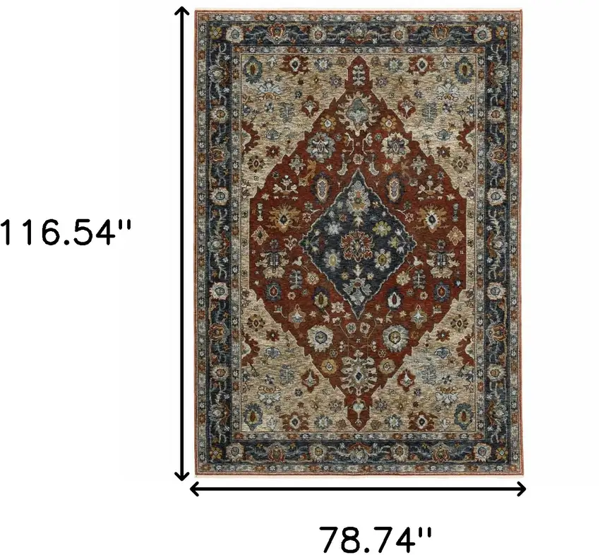 Blue and Beige Oriental Power Loom Area Rug With Fringe Photo 3