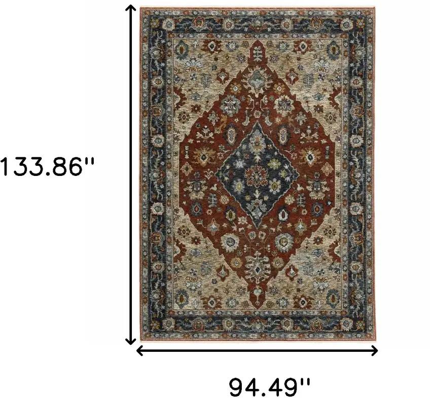 Blue and Beige Oriental Power Loom Area Rug With Fringe Photo 3