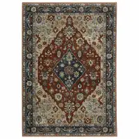 Photo of Blue Beige Tan Brown Gold And Rust Red Oriental Power Loom Stain Resistant Area Rug With Fringe