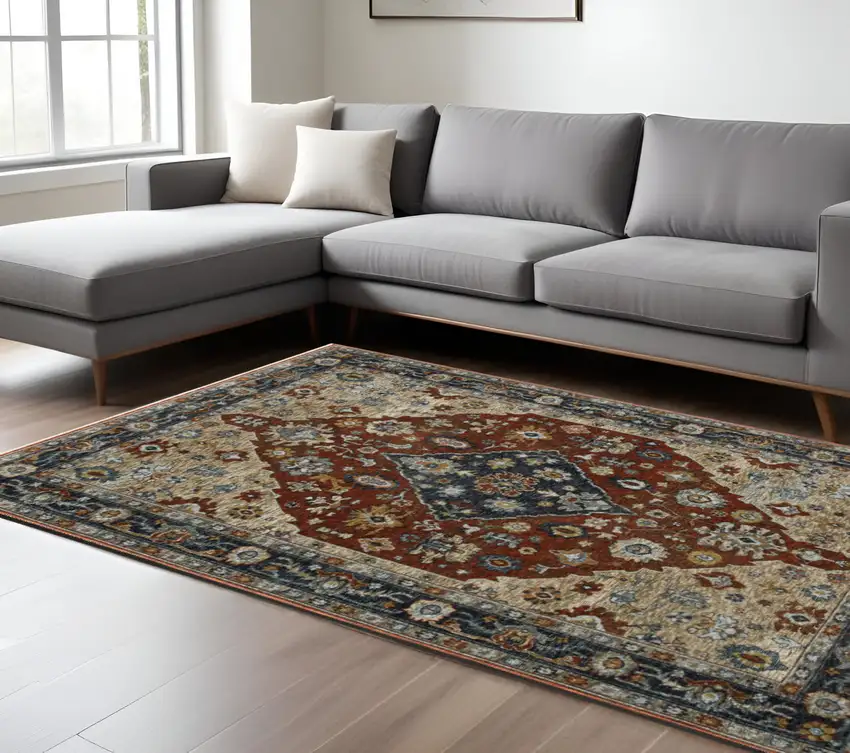 Blue and Beige Oriental Power Loom Area Rug With Fringe Photo 1