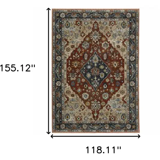 Blue Beige Tan Brown Gold And Rust Red Oriental Power Loom Stain Resistant Area Rug With Fringe Photo 3