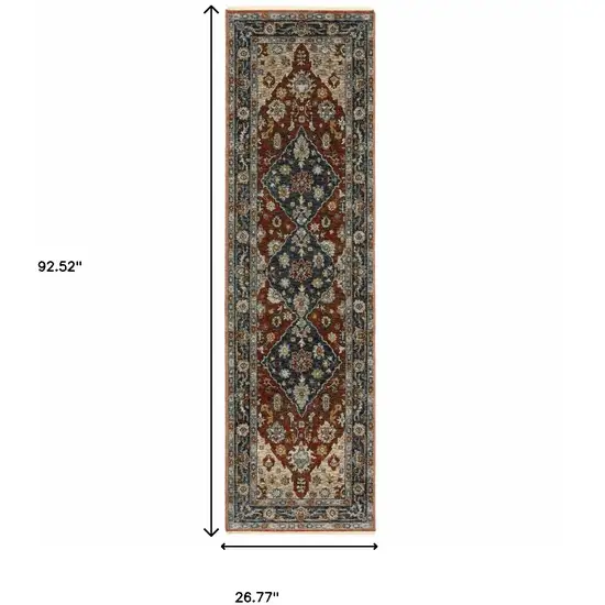2' X 8' Blue Beige Tan Brown Gold And Rust Red Oriental Power Loom Stain Resistant Runner Rug With Fringe Photo 3