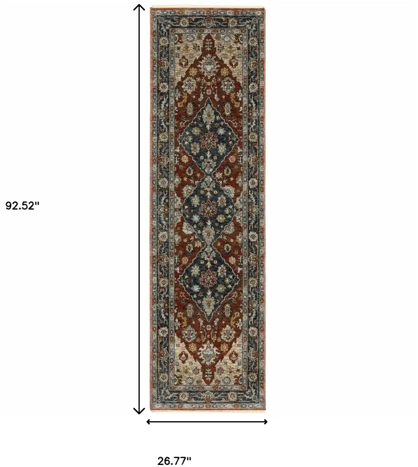 2' X 8' Blue Beige Tan Brown Gold And Rust Red Oriental Power Loom Stain Resistant Runner Rug With Fringe Photo 3