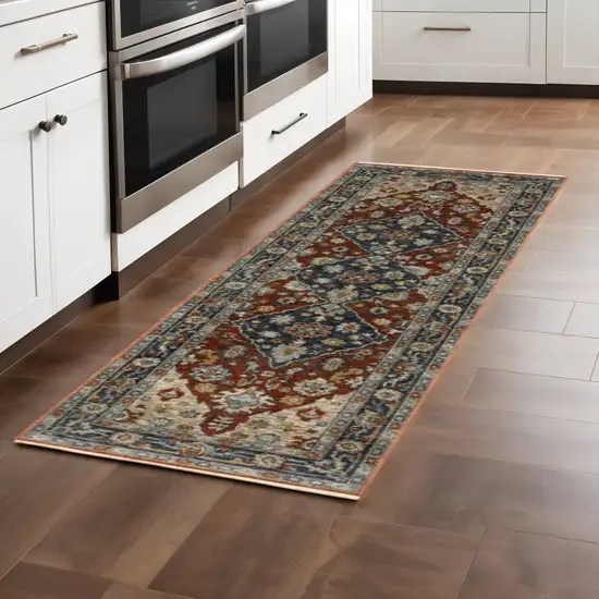 2' X 8' Blue Beige Tan Brown Gold And Rust Red Oriental Power Loom Stain Resistant Runner Rug With Fringe Photo 1