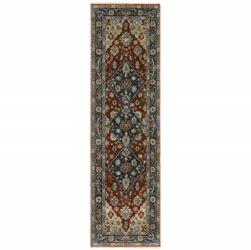 Blue Beige Tan Brown Gold And Rust Red Oriental Power Loom Stain Resistant Runner Rug With Fringe Photo 1