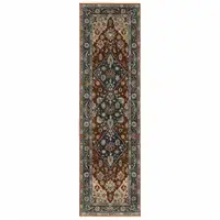 Photo of Blue Beige Tan Brown Gold And Rust Red Oriental Power Loom Stain Resistant Runner Rug With Fringe