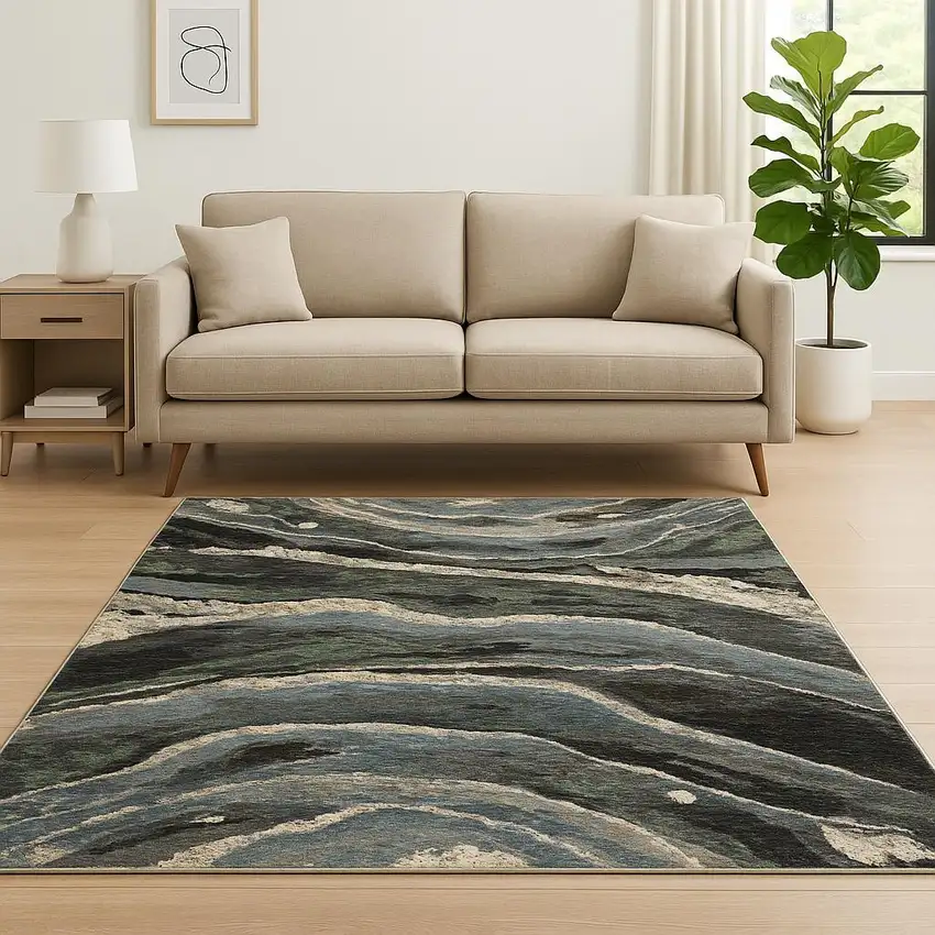 Blue Black And Beige Abstract Area Rug With Fringe Photo 1