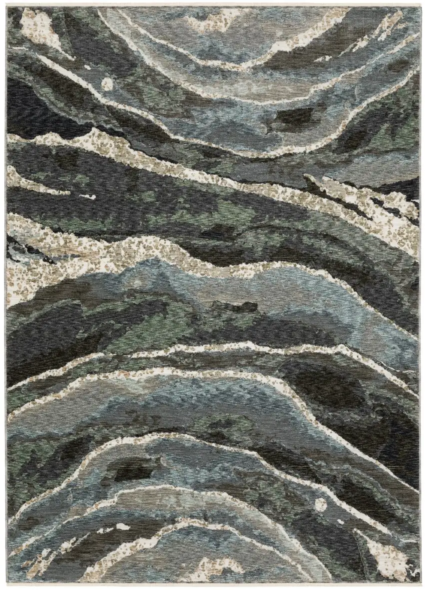 Blue Black And Beige Abstract Area Rug With Fringe Photo 2