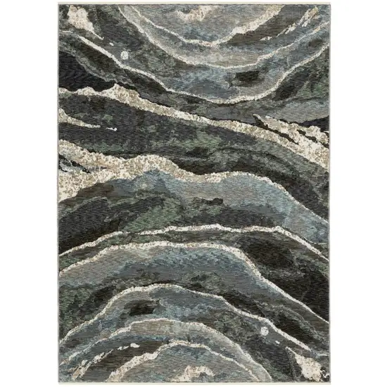 Blue Black And Beige Abstract Area Rug With Fringe Photo 2