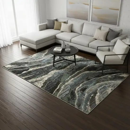 Blue Black And Beige Abstract Area Rug With Fringe Photo 1