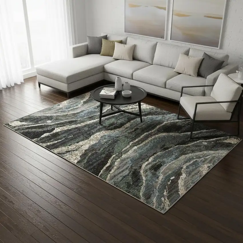 Blue Black And Beige Abstract Area Rug With Fringe Photo 1