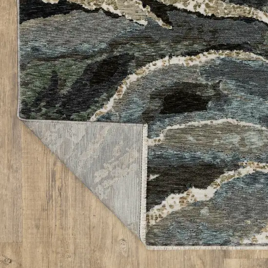 Blue Black And Beige Abstract Area Rug With Fringe Photo 8